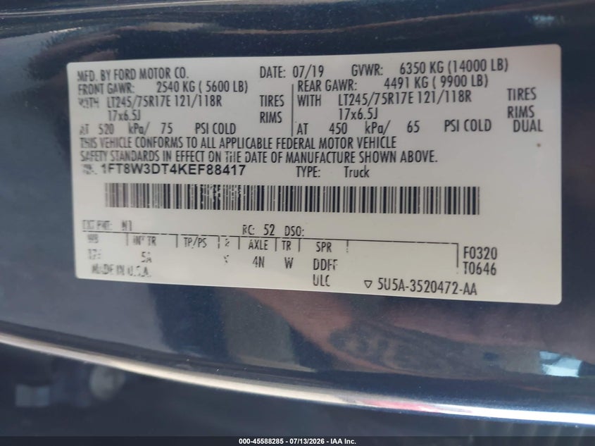 2019 Ford F-350 Lariat VIN: 1FT8W3DT4KEF88417 Lot: 45588285
