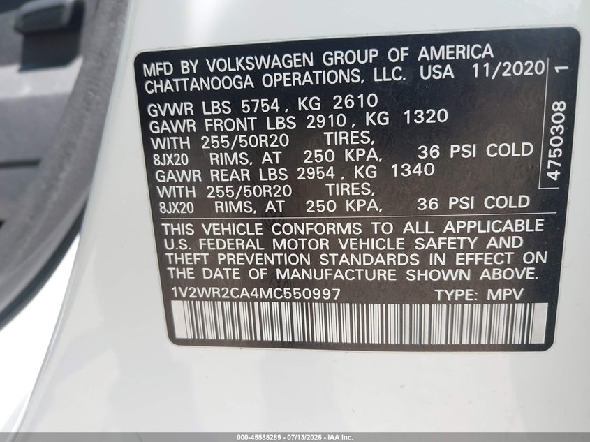 2021 Volkswagen Atlas 3.6L V6 Se W/Technology VIN: 1V2WR2CA4MC550997 Lot: 45588289