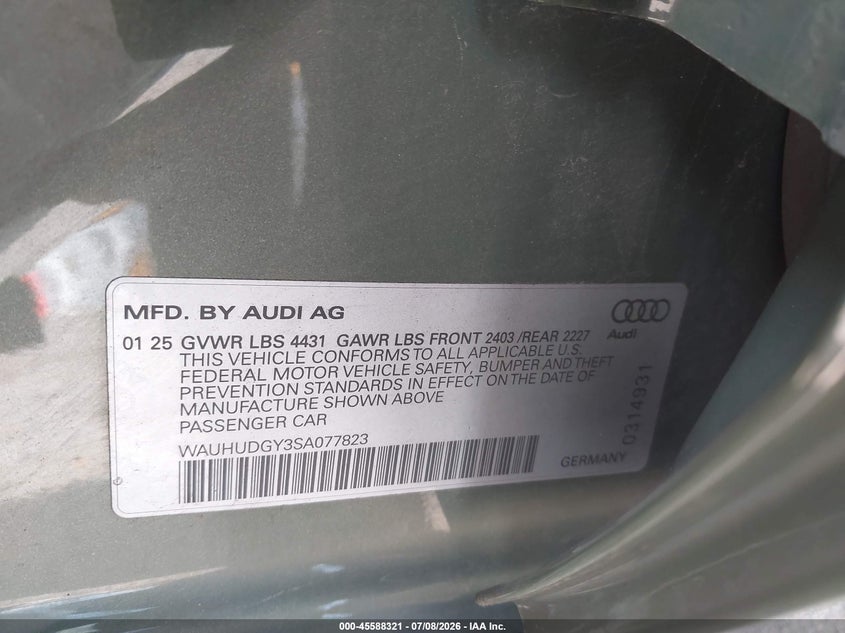 2025 Audi A3 Premium Plus 40 Tfsi Quattro S Tronic VIN: WAUHUDGY3SA077823 Lot: 45588321