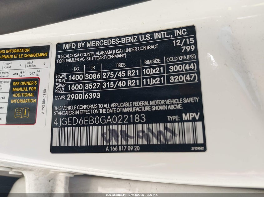 2016 Mercedes-Benz Gle 450 Amg Coupe 4Matic VIN: 4JGED6EB0GA022183 Lot: 45588341