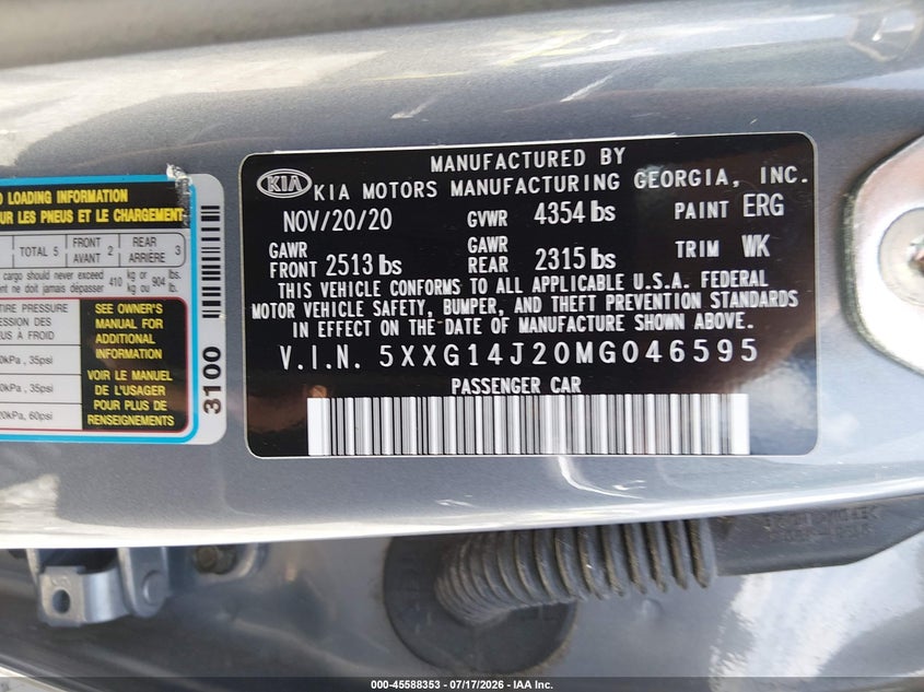 2021 Kia K5 Lxs VIN: 5XXG14J20MG046595 Lot: 45588353