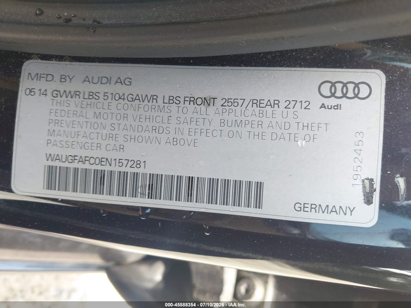 2014 Audi A6 2.0T Premium VIN: WAUGFAFC0EN157281 Lot: 45588354