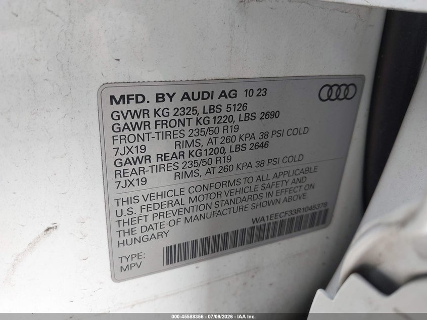 2024 Audi Q3 Premium Plus 45 Tfsi S Line Quattro Tiptronic VIN: WA1EECF33R1045378 Lot: 45588356
