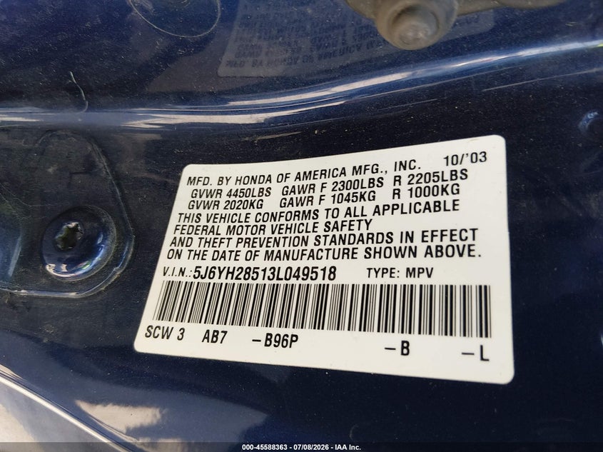 2003 Honda Element Ex VIN: 5J6YH28513L049518 Lot: 45588363
