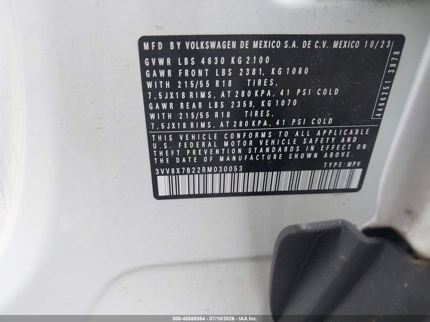 2024 Volkswagen Taos 1.5T S VIN: 3VV8X7B22RM030053 Lot: 45588364