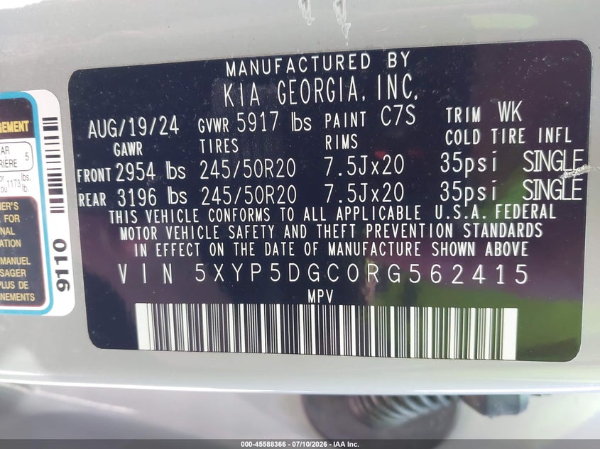 2024 Kia Telluride Sx X-Line VIN: 5XYP5DGC0RG562415 Lot: 45588366