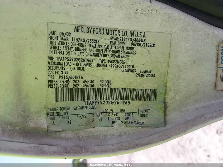 2002 Ford Taurus Ses Standard VIN: 1FAFP55202G261965 Lot: 45588391