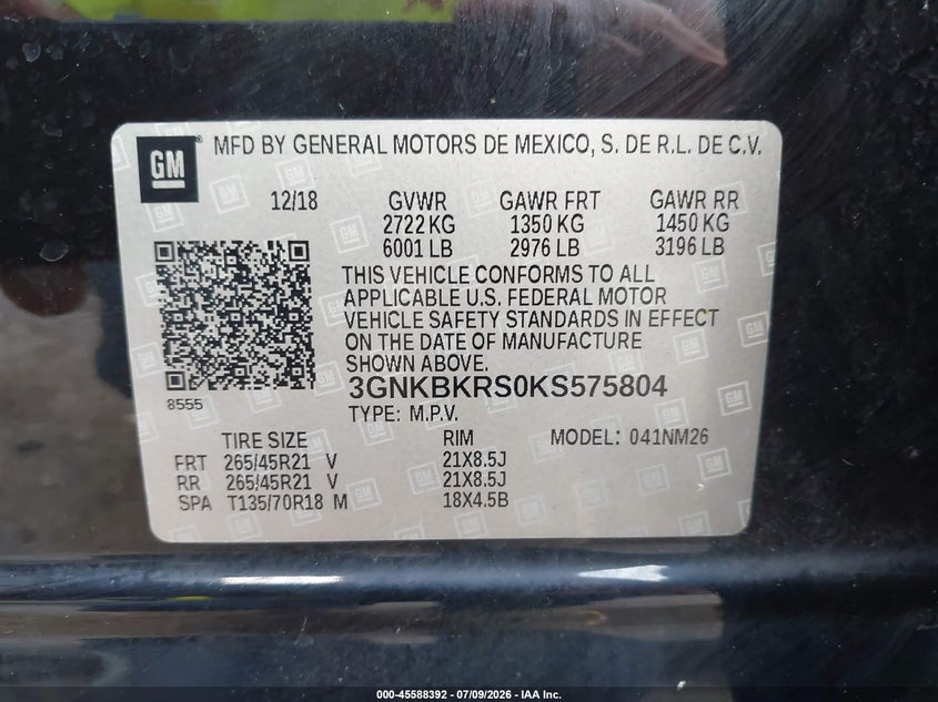 2019 Chevrolet Blazer Premier VIN: 3GNKBKRS0KS575804 Lot: 45588392