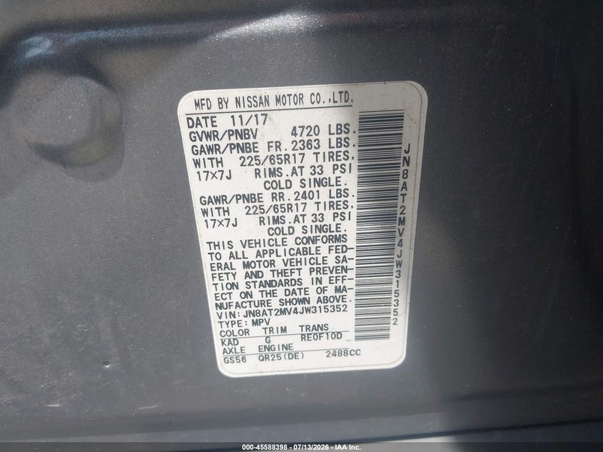 2018 Nissan Rogue S VIN: JN8AT2MV4JW315352 Lot: 45588398