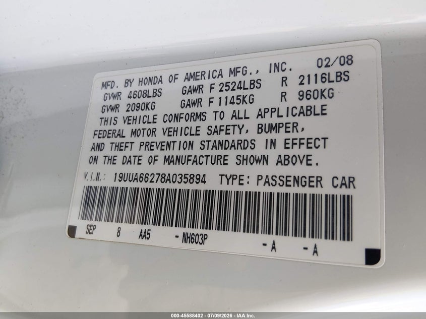 2008 Acura Tl 3.2 VIN: 19UUA66278A035894 Lot: 45588402