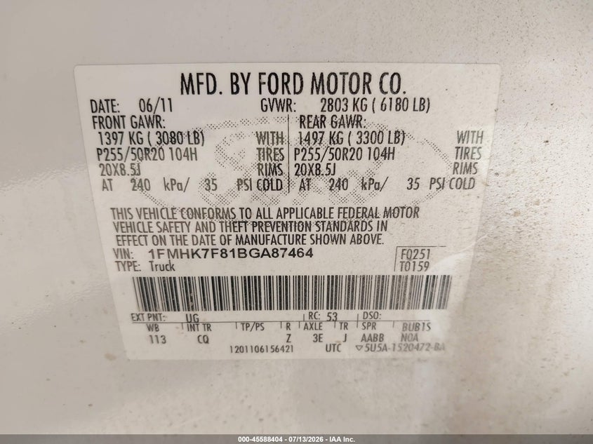 2011 Ford Explorer Limited VIN: 1FMHK7F81BGA87464 Lot: 45588404