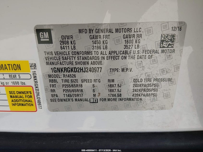 2017 Chevrolet Traverse Lt VIN: 1GNKRGKD2HJ240977 Lot: 45588411