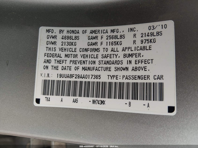 2010 Acura Tl 3.5 VIN: 19UUA8F29AA017365 Lot: 45588461