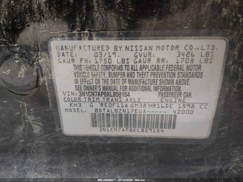 2019 Nissan Versa 1.6 Sv VIN: 3N1CN7AP8KL859154 Lot: 45588471