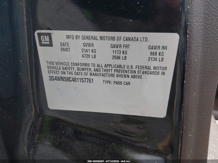 2008 Buick Lacrosse Super VIN: 2G4WN58C481157761 Lot: 45588483
