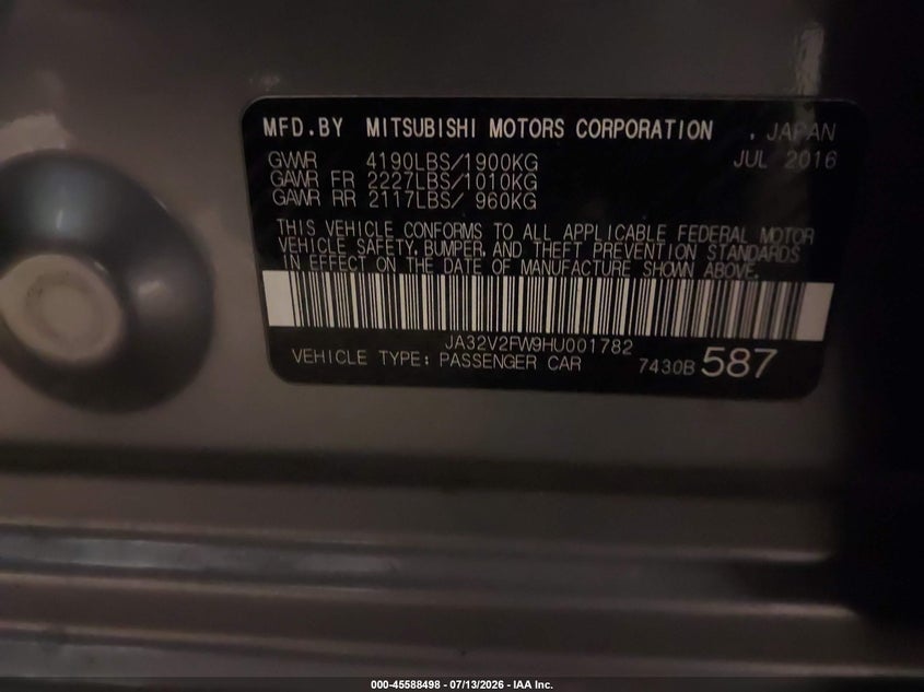 2017 Mitsubishi Lancer Es VIN: JA32V2FW9HU001782 Lot: 45588498