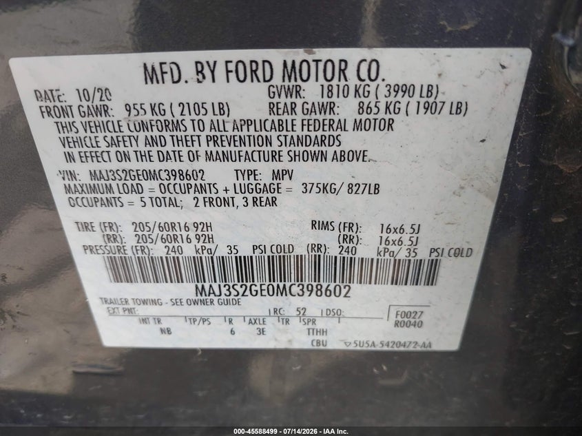 2021 Ford Ecosport Se VIN: MAJ3S2GE0MC398602 Lot: 45588499