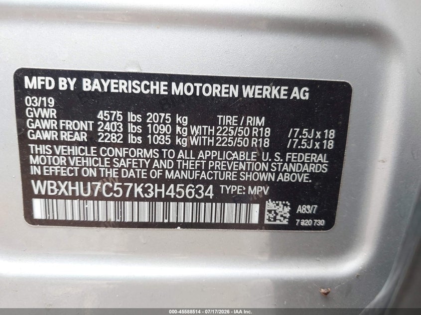 2019 BMW X1 Sdrive28I VIN: WBXHU7C57K3H45634 Lot: 45588514