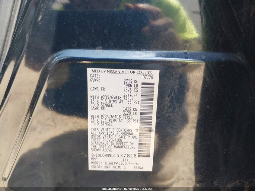 2020 Infiniti Qx60 Pure VIN: 5N1DL0MN9LC537818 Lot: 45588519