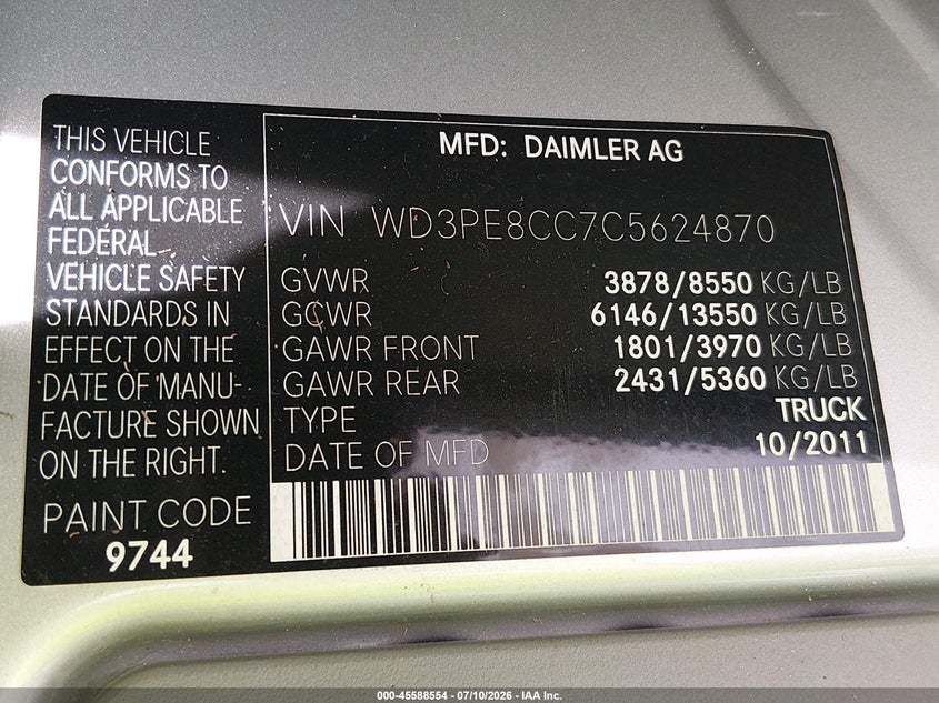 2012 Mercedes-Benz Sprinter 2500 High Roof VIN: WD3PE8CC7C5624870 Lot: 45588554