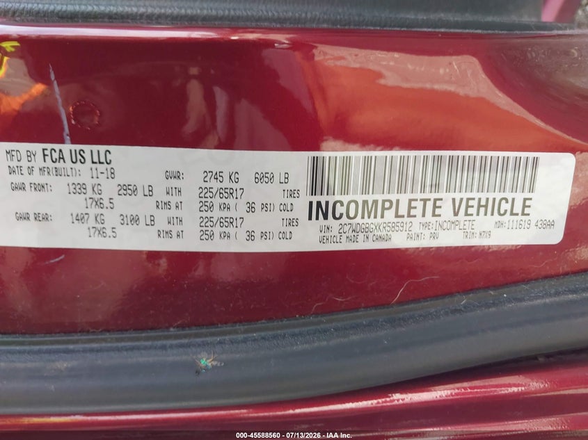 DODGE GRAND CARAVAN 2019 VIN 2C7WDGBGXKR585912