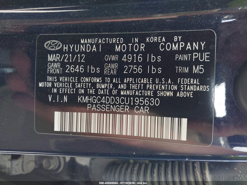 2012 Hyundai Genesis 3.8 VIN: KMHGC4DD3CU195630 Lot: 45588564