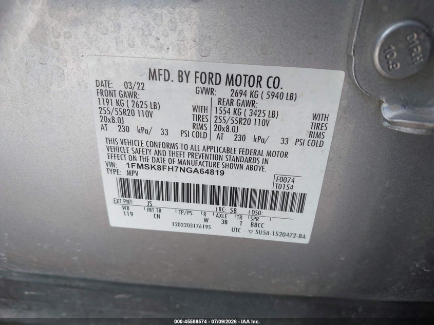 VIN: 1FMSK8FH7NGA64819 2022 FORD EXPLORER LIMITED