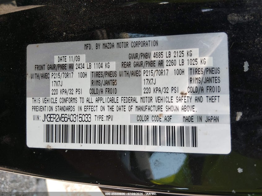 2010 Mazda Cx-7 I Sv VIN: JM3ER2W56A0315033 Lot: 45588606