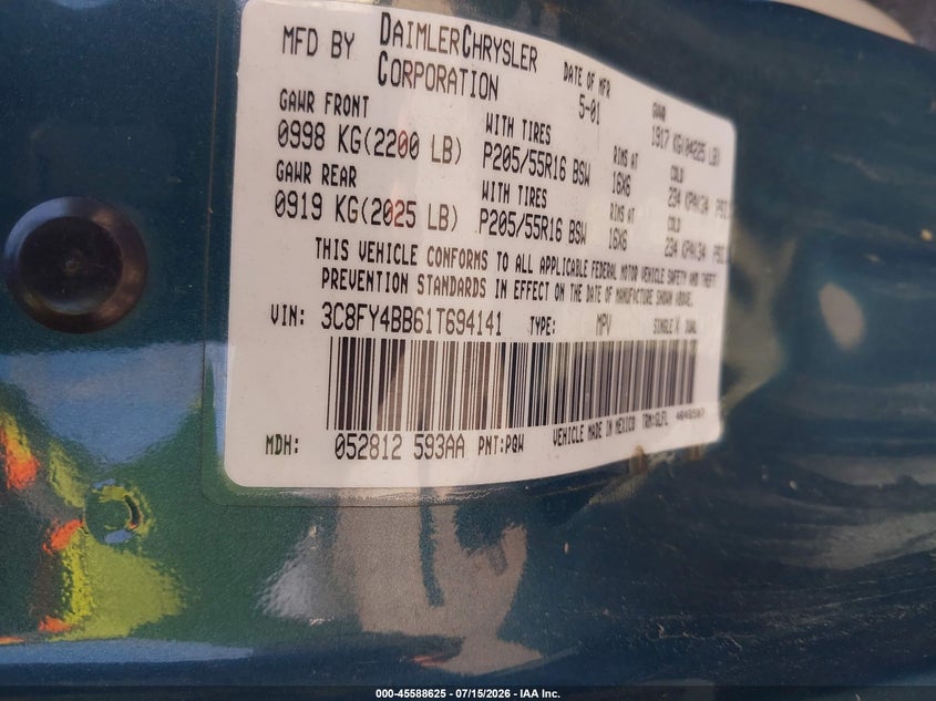 2001 Chrysler Pt Cruiser VIN: 3C8FY4BB61T694141 Lot: 45588625