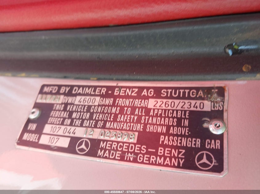 1975 Mercedes-Benz 450 Sl VIN: 10704412023898 Lot: 45588647