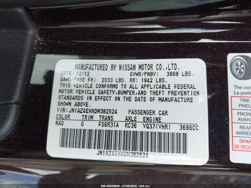 2013 Nissan 370Z Touring VIN: JN1AZ4EHXDM382524 Lot: 45588649
