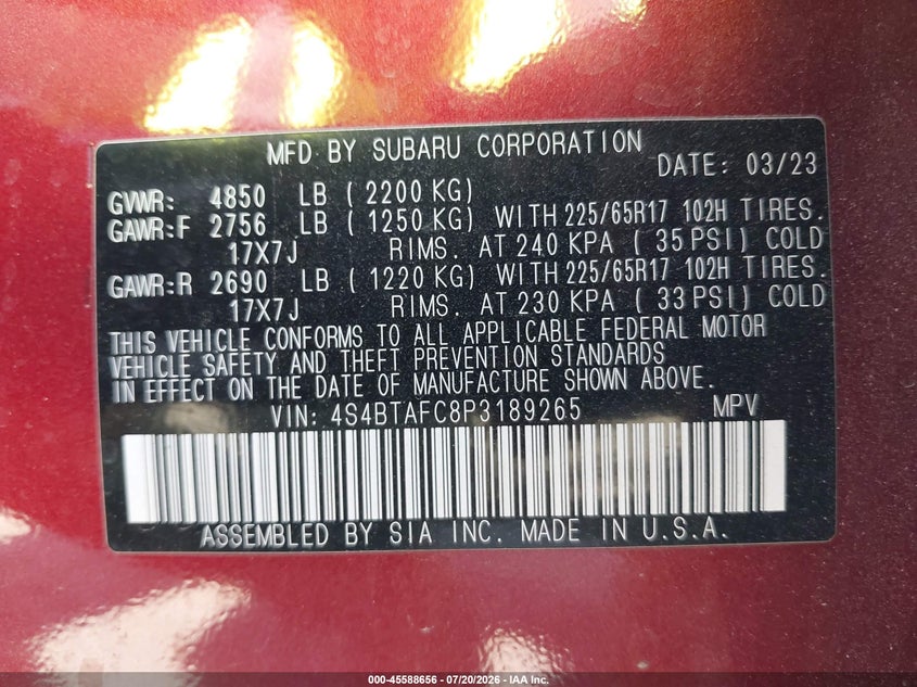 2023 Subaru Outback Premium VIN: 4S4BTAFC8P3189265 Lot: 45588656