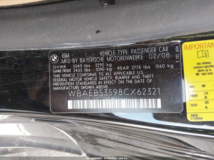 2008 BMW 650I VIN: WBAEB53598CX62321 Lot: 45588662