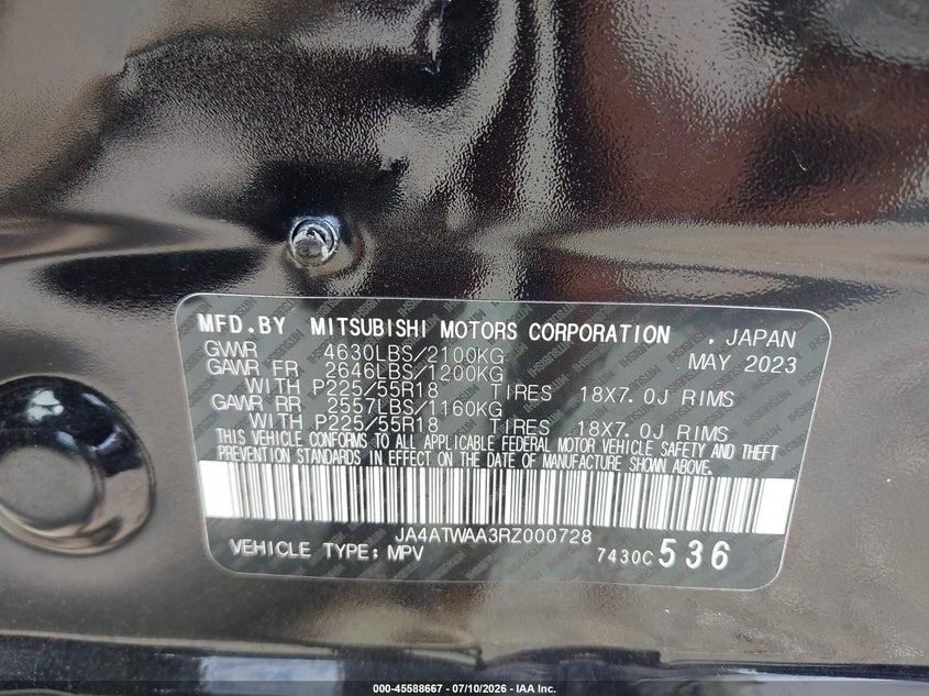 2024 Mitsubishi Eclipse Cross Se S-Awc/Sel S-Awc VIN: JA4ATWAA3RZ000728 Lot: 45588667