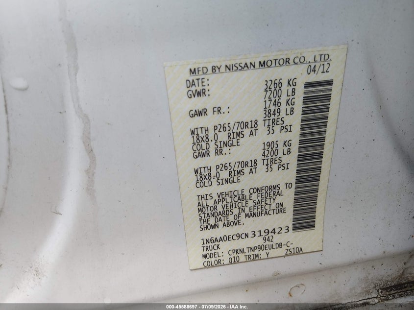 2012 Nissan Titan Sv VIN: 1N6AA0EC9CN319423 Lot: 45588697