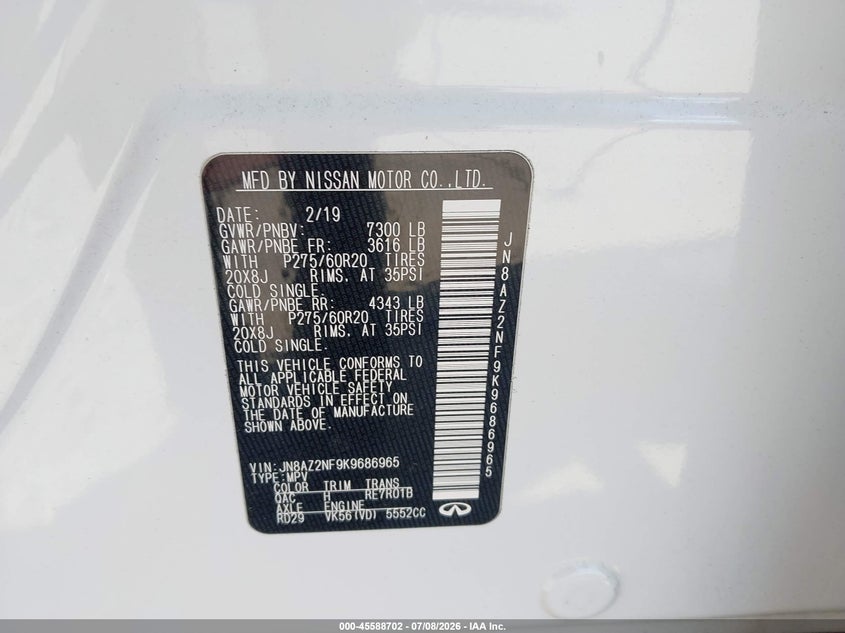 2019 Infiniti Qx80 Luxe VIN: JN8AZ2NF9K9686965 Lot: 45588702