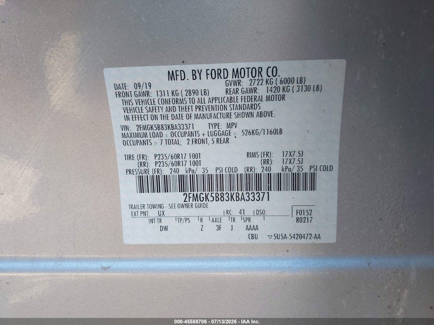 2019 Ford Flex Se VIN: 2FMGK5B83KBA33371 Lot: 45588706