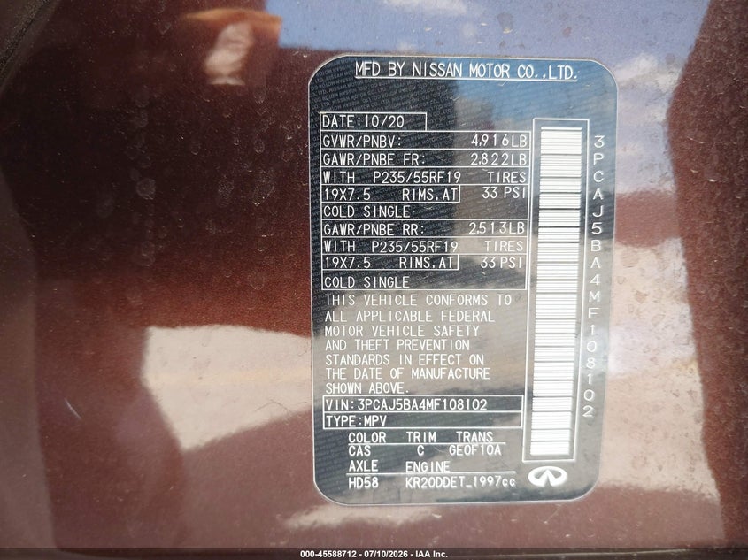 2021 Infiniti Qx50 Luxe VIN: 3PCAJ5BA4MF108102 Lot: 45588712