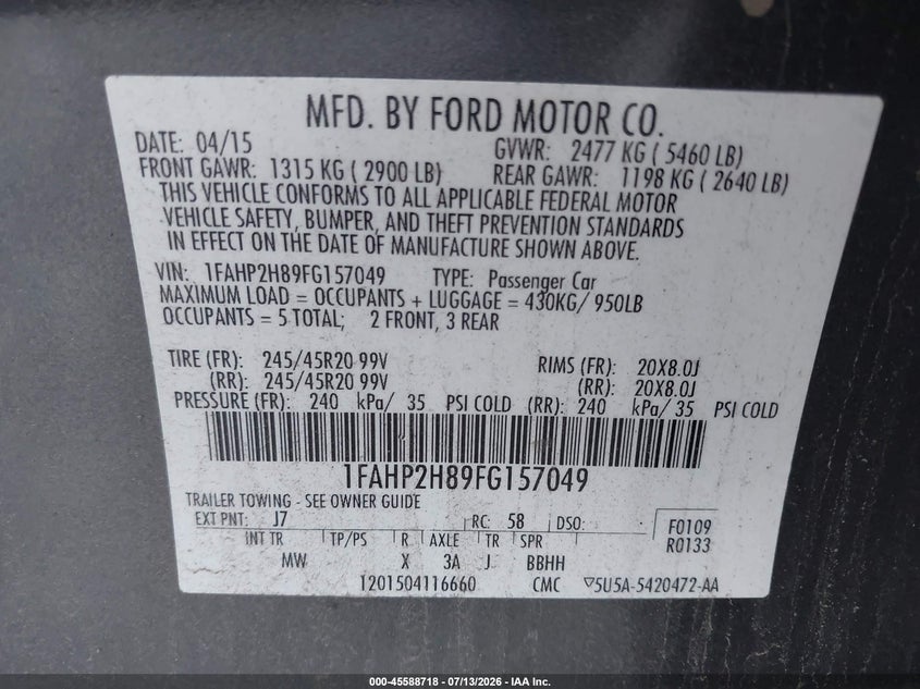 2015 Ford Taurus Sel VIN: 1FAHP2H89FG157049 Lot: 45588718