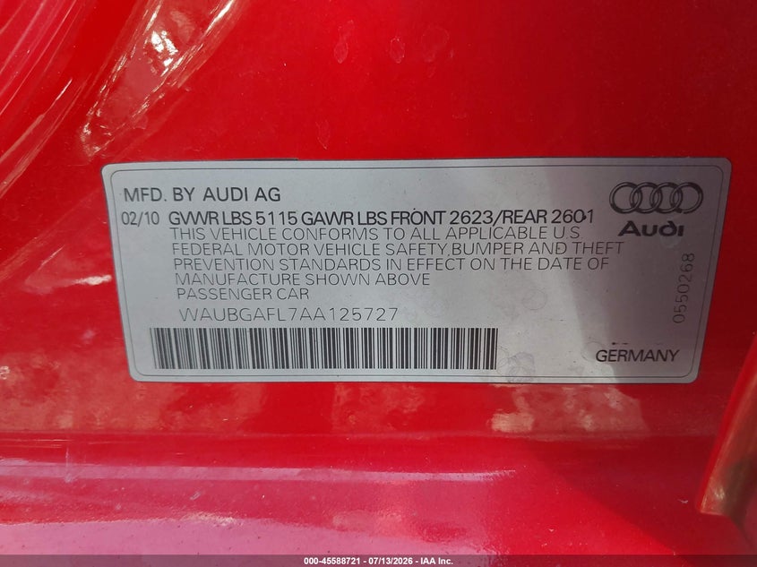 2010 Audi S4 3.0 Premium Plus VIN: WAUBGAFL7AA125727 Lot: 45588721