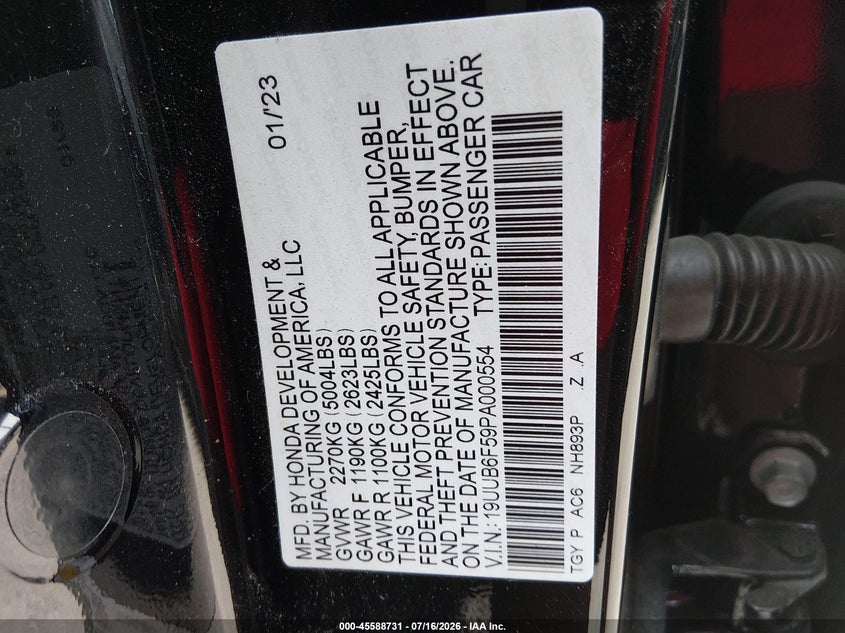 2023 Acura Tlx A-Spec Package VIN: 19UUB6F59PA000554 Lot: 45588731