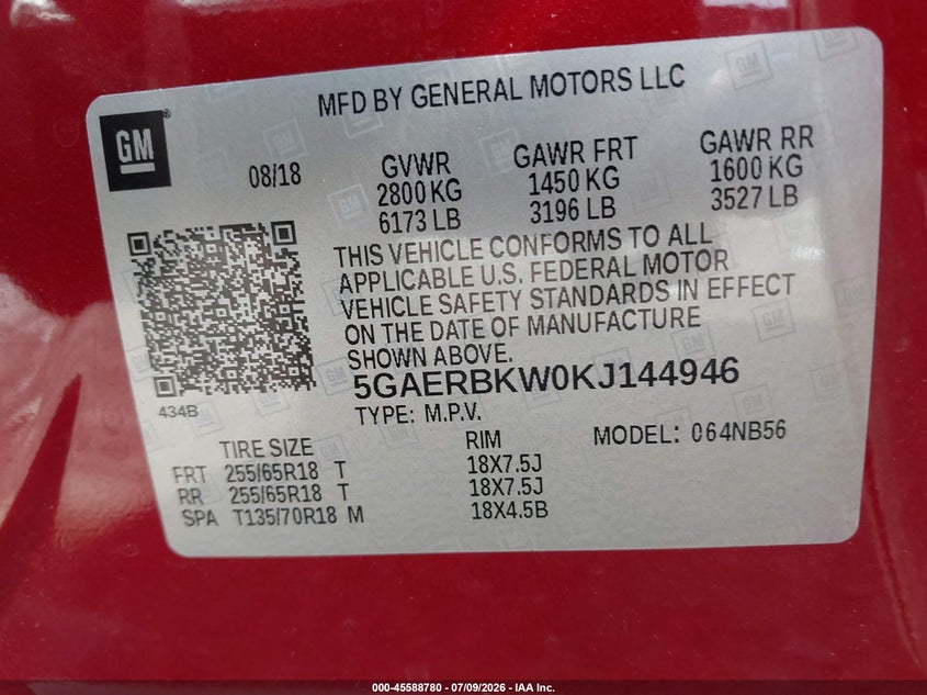 BUICK ENCLAVE 2019 VIN 5GAERBKW0KJ144946