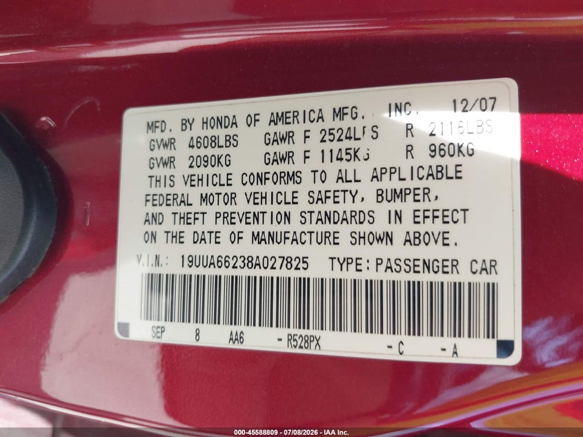 2008 Acura Tl 3.2 VIN: 19UUA66238A027825 Lot: 45588809