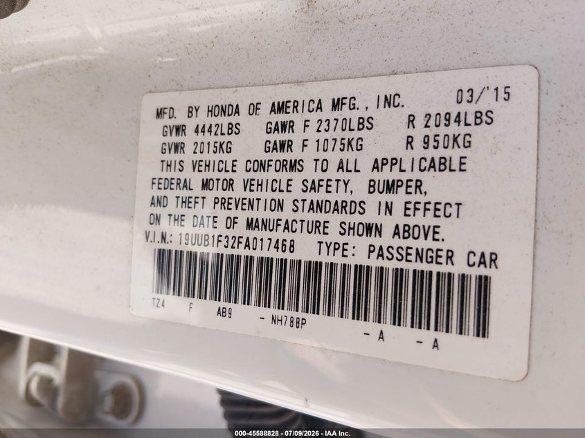 2015 Acura Tlx VIN: 19UUB1F32FA017468 Lot: 45588828