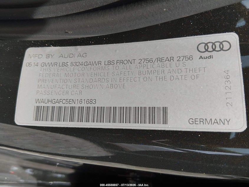 2014 Audi A6 3.0T Premium Plus VIN: WAUHGAFC5EN161683 Lot: 45588857