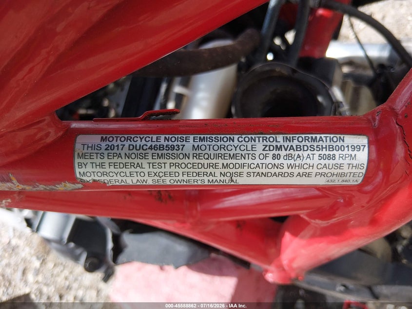 2017 Ducati Supersport VIN: ZDMVABDS5HB001997 Lot: 45588862