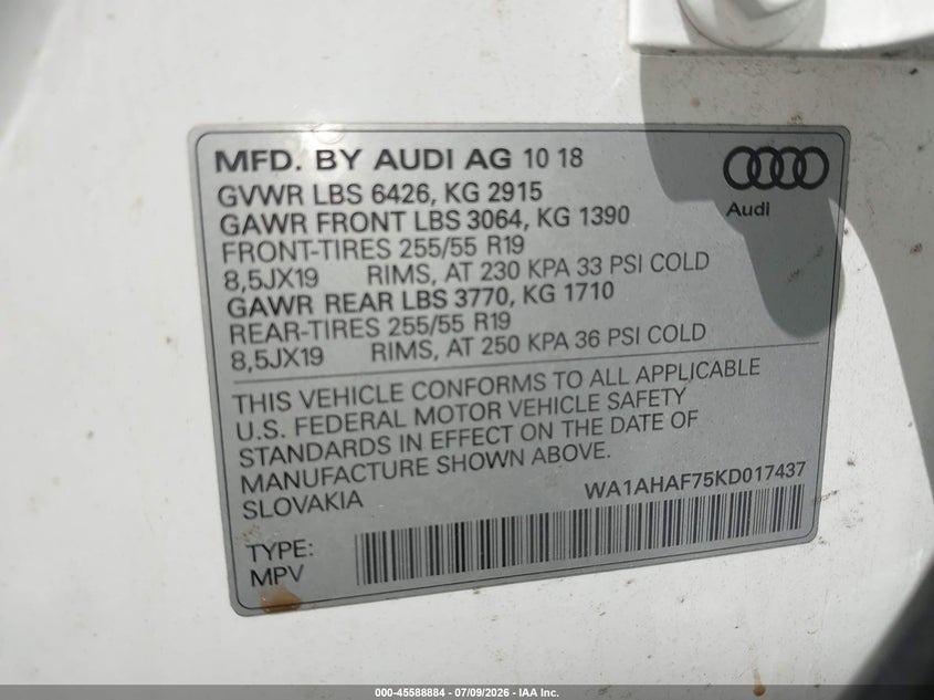 2019 Audi Q7 45 Premium/45 Se Premium VIN: WA1AHAF75KD017437 Lot: 45588884