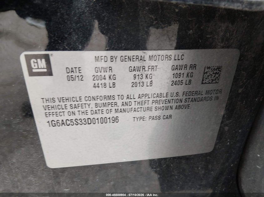 2013 Cadillac Ats Performance VIN: 1G6AC5S33D0100196 Lot: 45588904