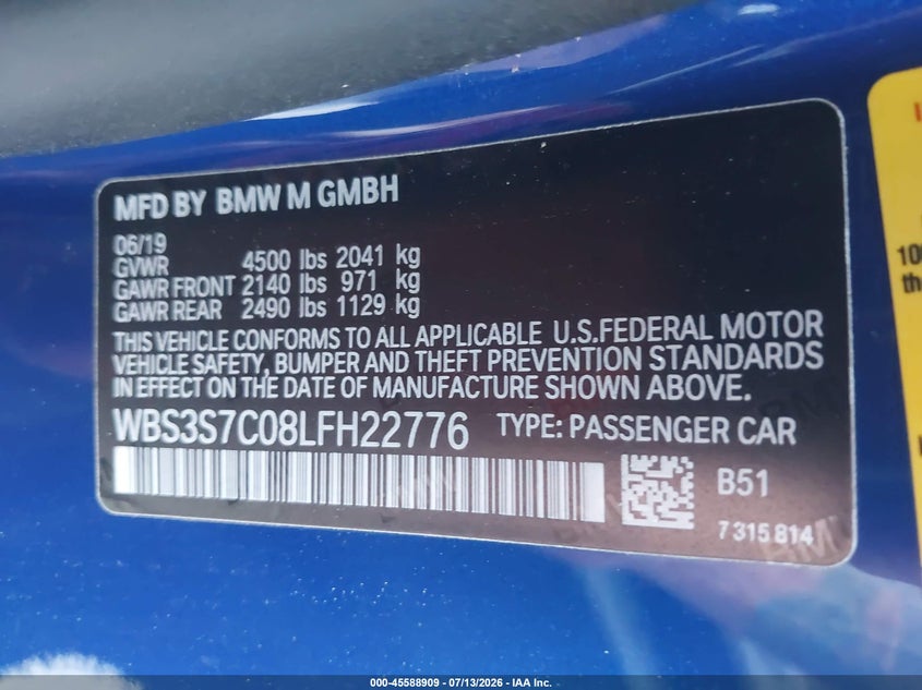 2020 BMW M4 Cs VIN: WBS3S7C08LFH22776 Lot: 45588909
