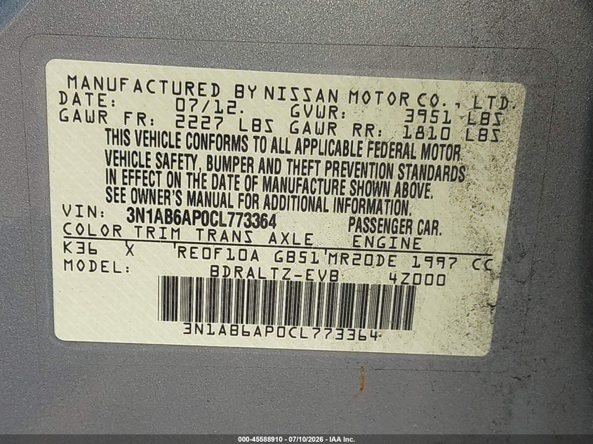 2012 NISSAN SENTRA SEDAN 2.0L I-4 DOHC, VVT, 140HP